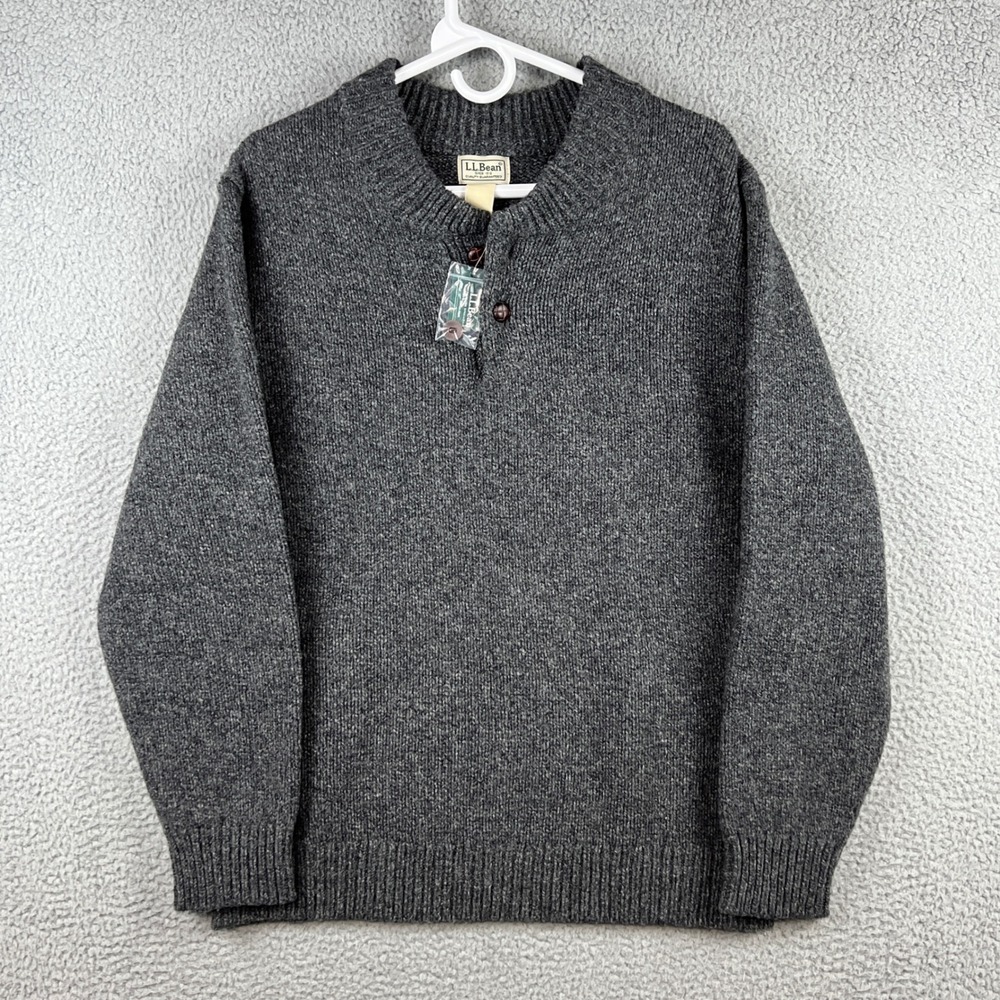 NWT LL Bean Mens Classic Ragg Wool Henley Sweater Gray Lambswool L 285174